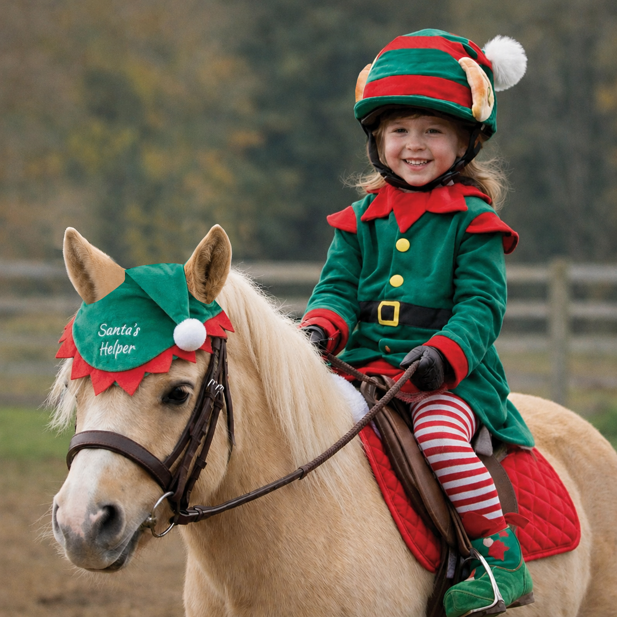 Equetech Cheeky Elf Horse Ear Bonnet + Equetech Elf Christmas Hat Silk