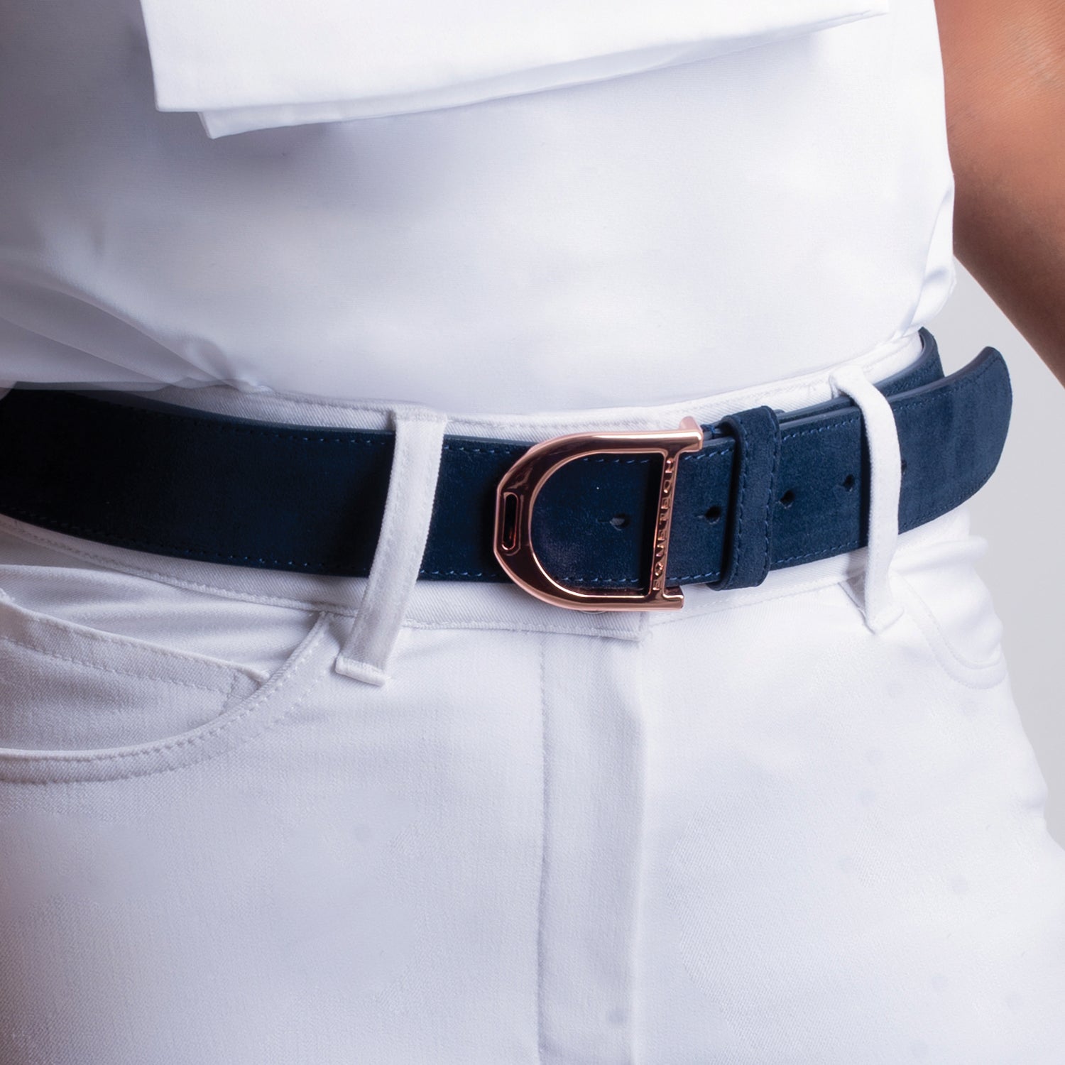 Equetech Stirrup Leather Belt 35mm - Navy Suede/Rose Gold