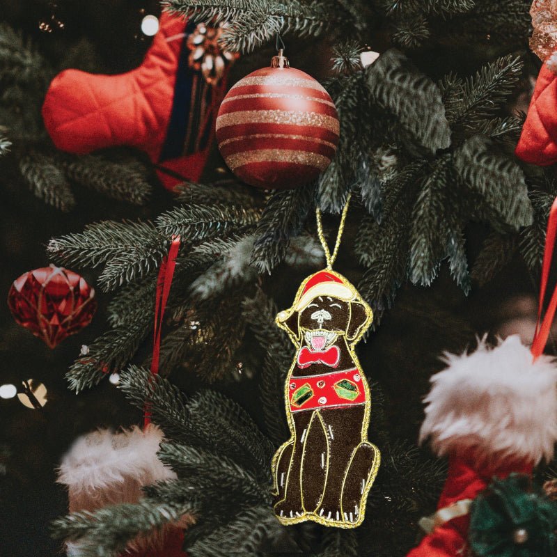 Chocolate Labrador Beaded Embroidered Christmas Tree Decoration - Equetech