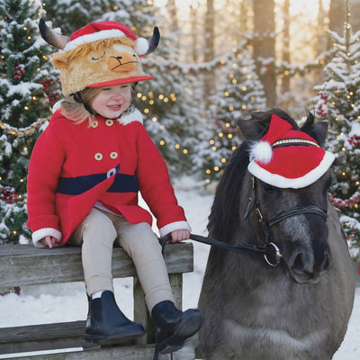 Equetech Holly Highland Cow Hat Silk Christmas video with a  pony