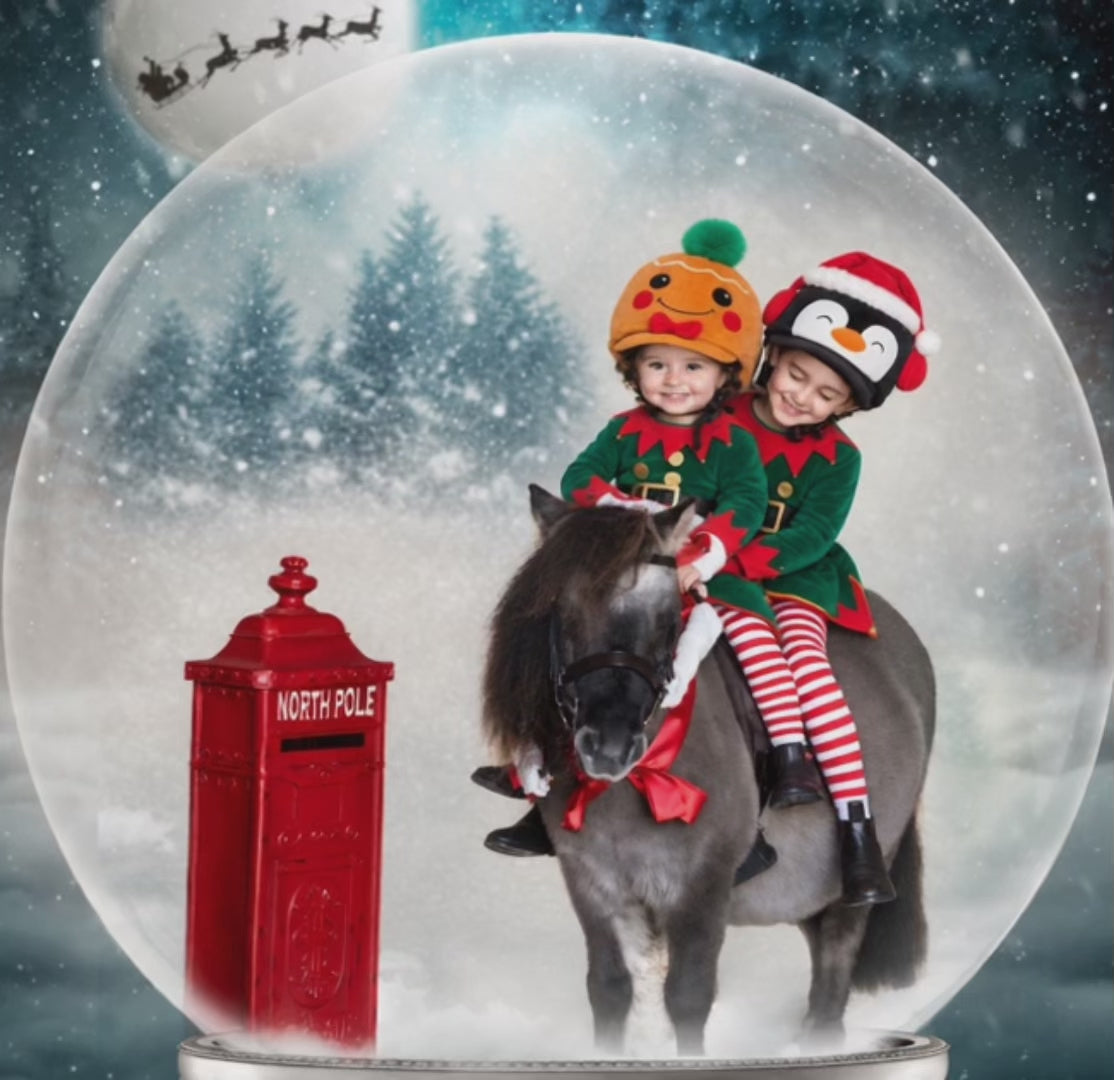 Riding helmet covers with elf outfits in a snow globe posting a Santa letter video