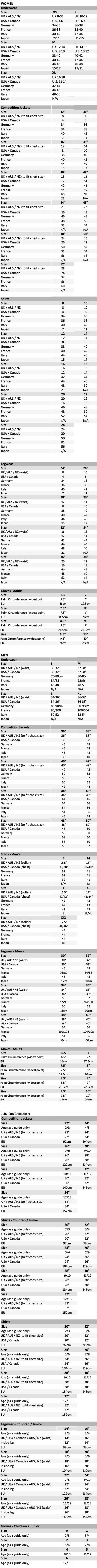 Riding Sport Breeches Size Chart